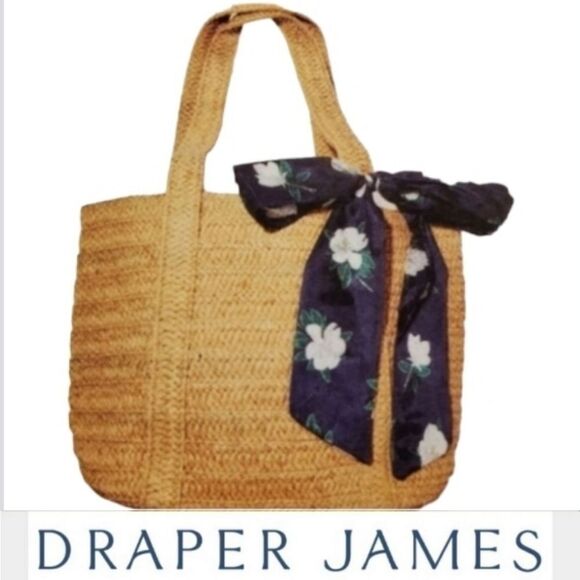 NEW DRAPER JAMES Straw Bag Silk TAN BLUE PREPPY BOW TIE BEACH SUMMER TOTE NWT - Picture 1 of 3